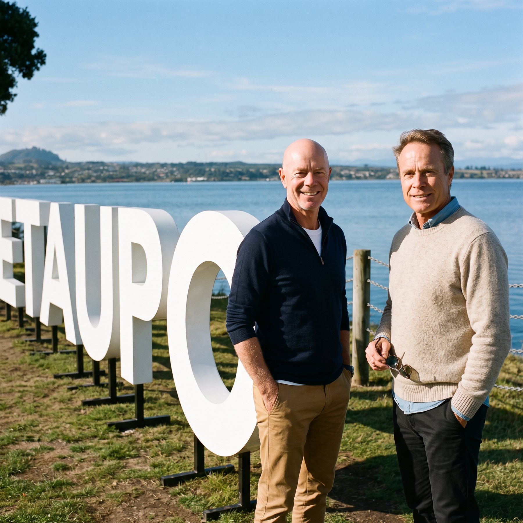 Andy and Matt on the Taupō lakefront by the Love Taupō sign