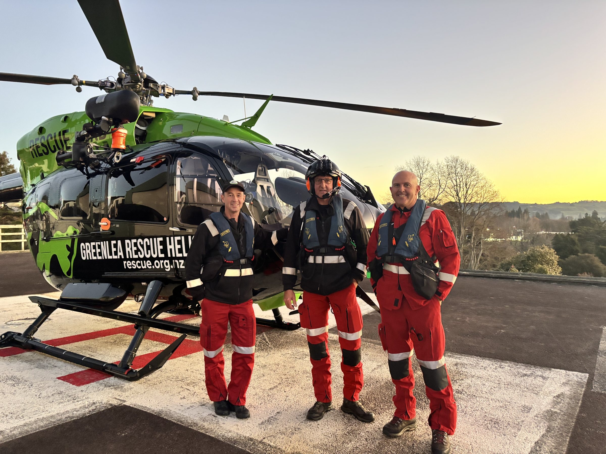 Greenlea Rescue Helicopter crew in front of the helicopter
