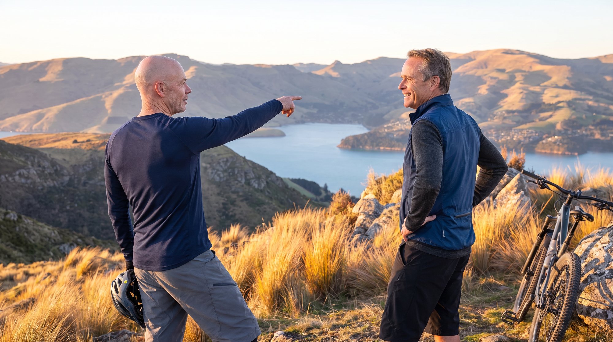 Andy and Matt on the Port Hills above Lyttelton Harbour