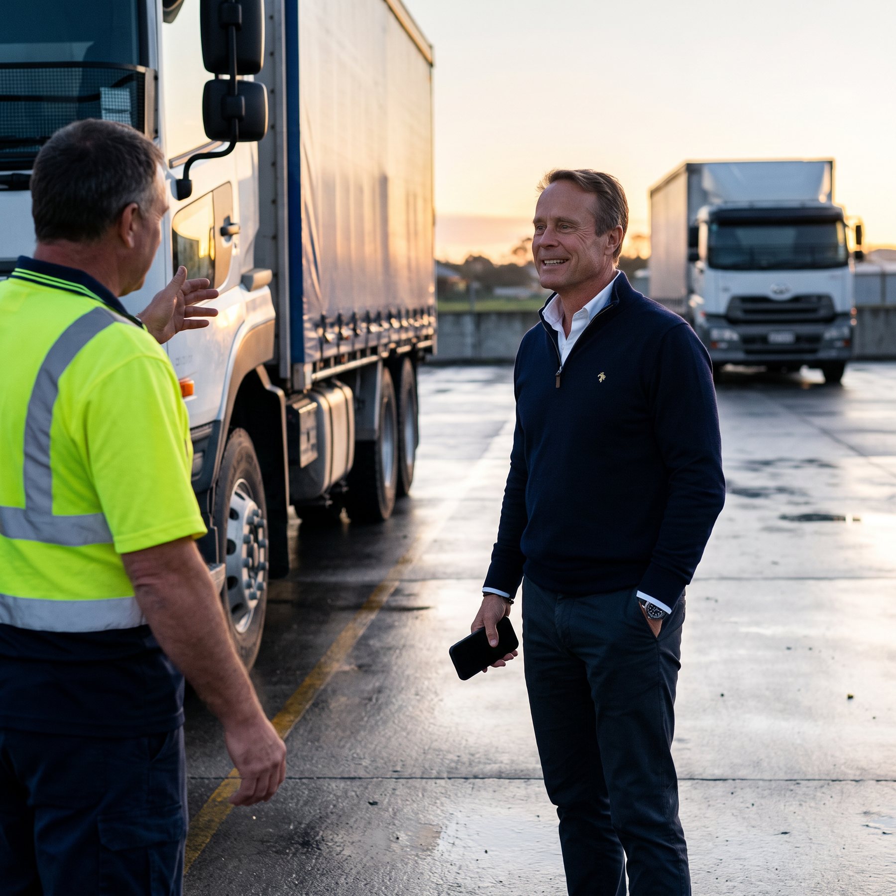 Matt with a driver at a transport depot