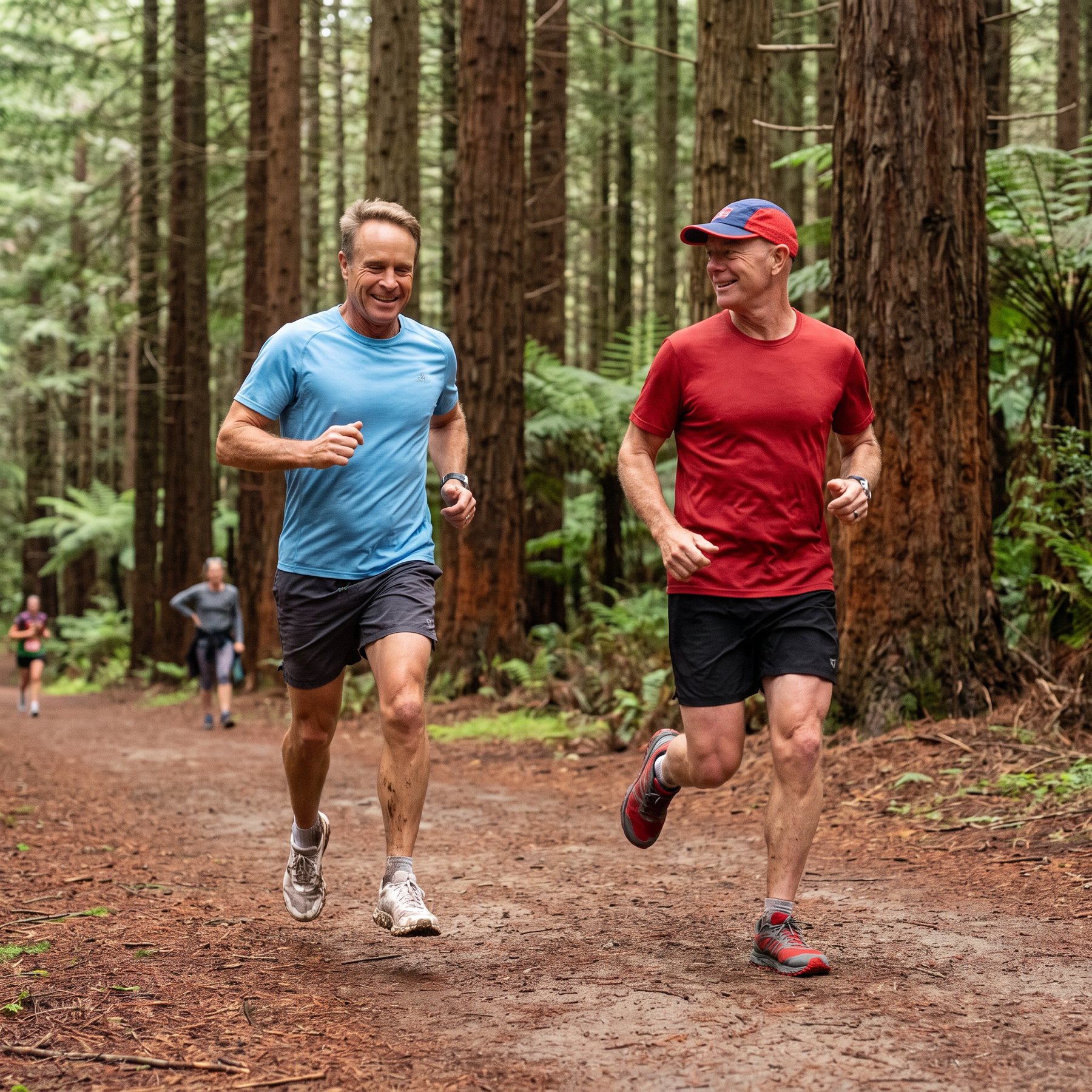 Andy and Matt running a redwood forest trail together