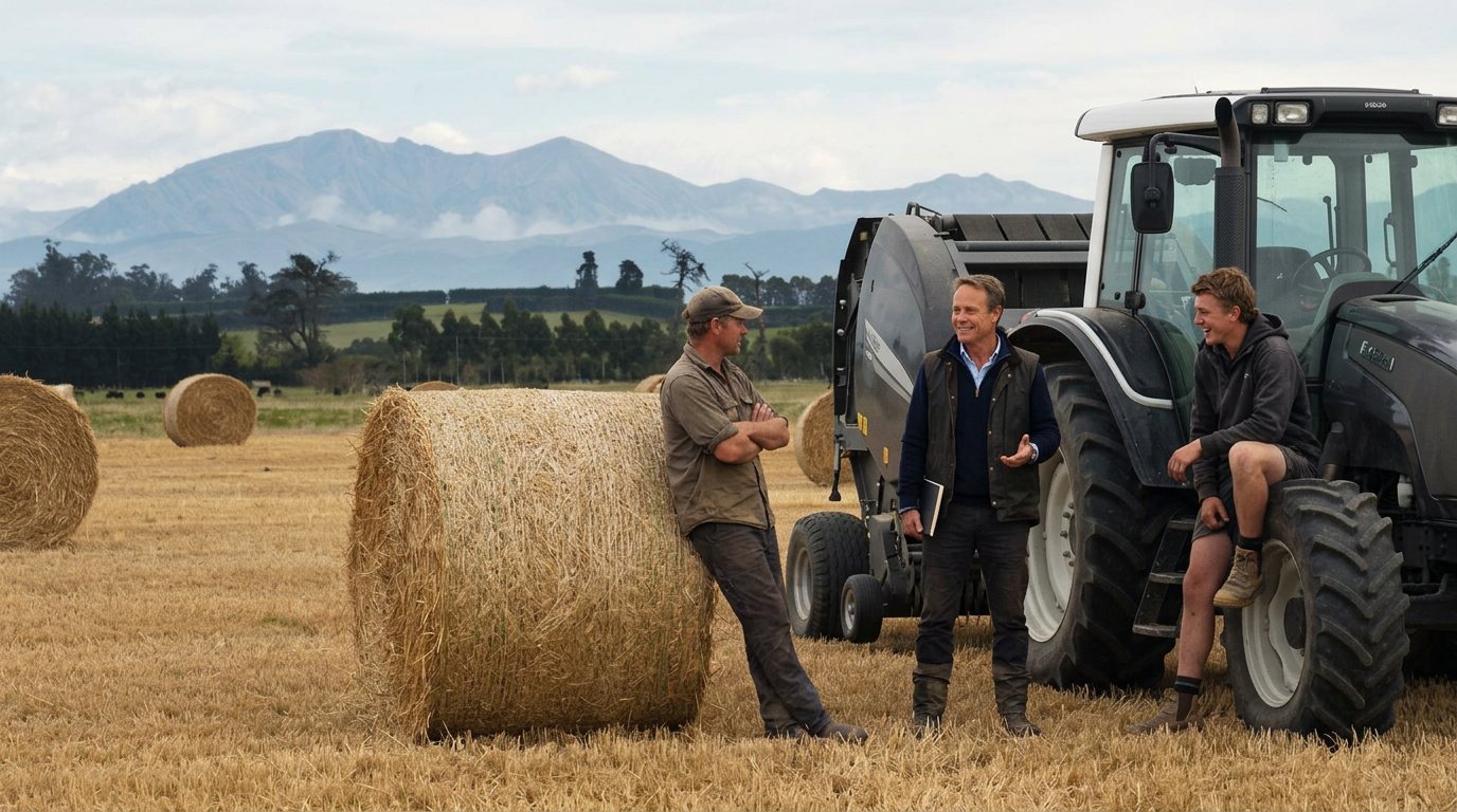 Matt with farmers beside a tractor