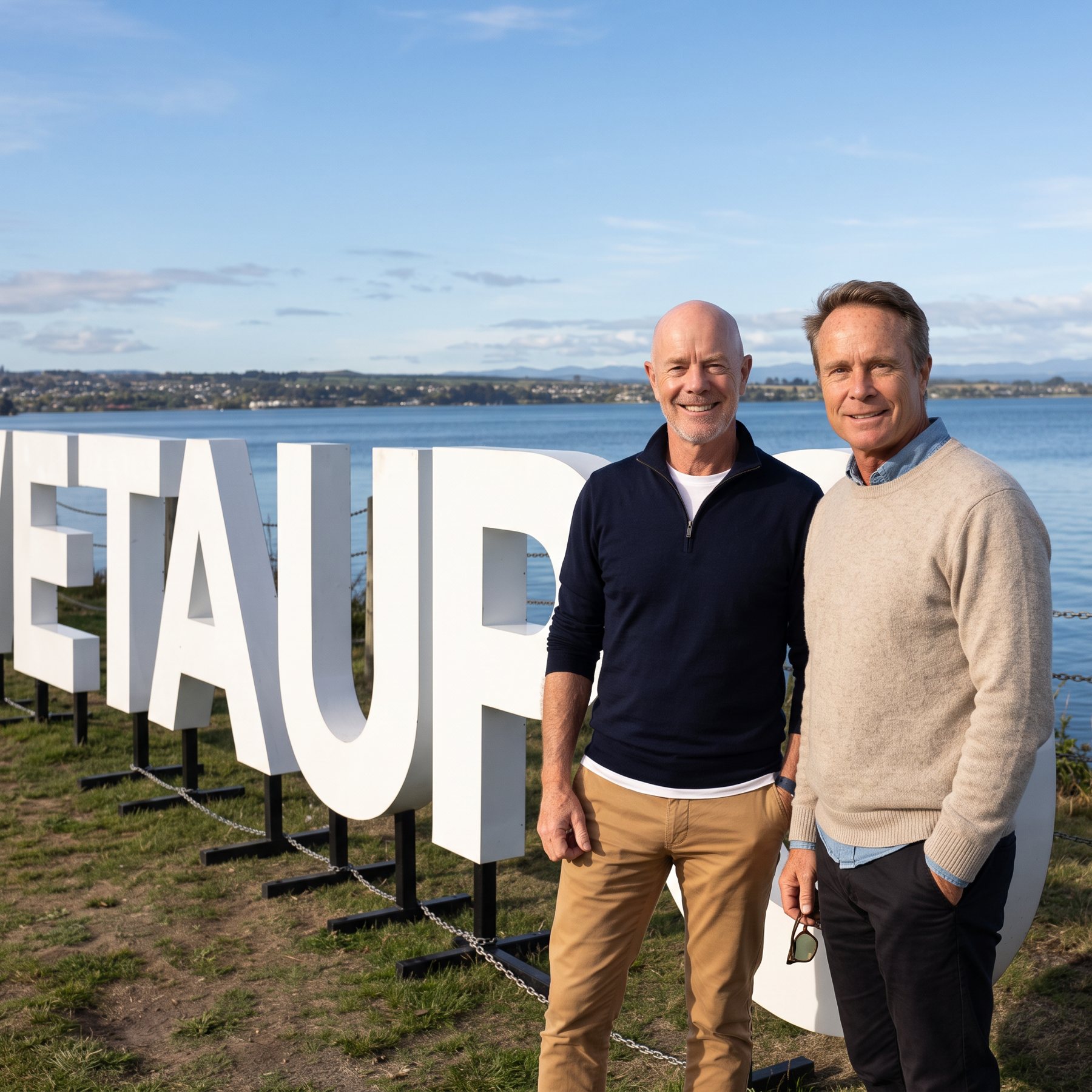 Andy and Matt at the Love Taupō sign on the lakefront